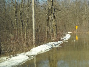 Hilly Lane resident Don Russell took this photo of the road leading to his neighbourhood along the Rideau River near Kemptville. Those who live there are forced to either use hip waders of 4x4s to get from the main road to their homes. SUBMITTED PHOTO