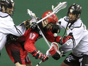 Calgary Roughnecks forward Curtis Dickson is battered by Edmonton Rush defender Nik Bilic, left, and transition player Jeremy Thompson in their last game at Calgary’s Scotiabank Saddledome. The two sides set to face off there again on Saturday. (Mike Drew, QMI Agency)