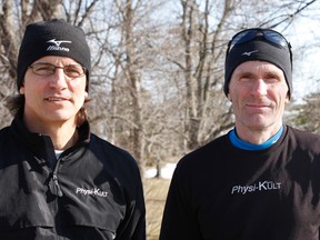 Clive Morgan, left, race co-director and Steve Boyd, race co-director and founder of Physi-Kult running group, led the winning bid for Kingston to host the Canadian Cross Country Championships from 2015 to 2018. (BRIANNE STE MARIE LACROIX/FOR THE WHIG-STANDARD)