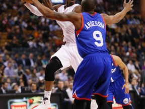 Terrence Ross of the Toronto Raptors looks to make a pass against the 76ers at the ACC on Wednesday night. (Stan Behal/Toronto Sun)