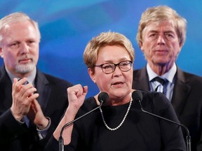 Parti Quebecois leader Pauline Marois delivers her concession speech at her provincial election night headquarters in Montreal April 7, 2014. (REUTERS/Christinne Muschi)