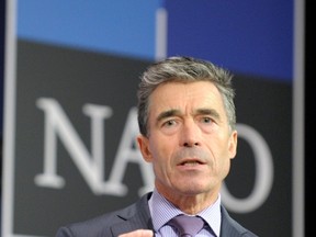NATO Secretary General Anders Fogh Rasmussen addresses a news conference during a NATO foreign ministers meeting at the Alliance headquarters in Brussels April 2, 2014. (REUTERS/Laurent Dubrule)