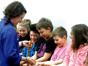 Corny the corn snake slithers over the outstreched arms of École Ste-Marguerite Bourgeoys students during a presentation by Science North at the school on Wednesday morning, April 9.