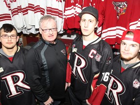 After years of struggle, the Seven Oaks Raiders are one victory away from winning the Manitoba Major Junior Hockey League title. Photographed at Billy Mosienko Arena on Keewatin Street in Winnipeg, Man., on Wed., April 9, 2014 are Zaz Oleksiw, president and general manager Ned Sanders, captain Jordan Lisowick and Nik Lynam. Kevin King/Winnipeg Sun/QMI Agency