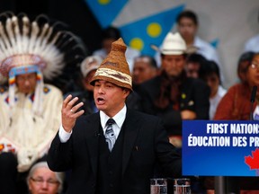Shawn Atleo, National Chief of the Assembly of First Nations, speaks after Canadian Prime Minister Stephen Harper announced the government's plans of fixing First Nations education in Canada in Stand Off, Alberta, February 7, 2014. (REUTERS/Todd Korol)