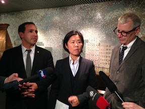 Councillors Josh Matlow, Kristyn Wong-Tam and Adam Vaughan speak to reporters at City Hall on April 10, 2014. (Don Peat/Toronto Sun)
