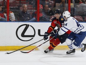 Maple Leafs defenceman Morgan Rielly battles with the Panthers’ Nick Bjugstad in Sunrise, Fla., last night. (AFP)
