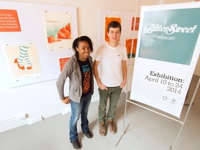 SUDBURY, Ont. (04/10/14) - Cambrian College's Graphic Design students Chrisanne Daniel (left) and Gaetan Godin (right) are among 11 students showing work in the exhibit 'BitterSweet: A tale of two Sudburys' that had the graduating class collaborate with the public about the relationship we have with the City. Photo by Solana Cain