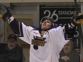 Kamerin Nault celebrates his goal against the Dauphin Kings during Game 3 of the MJHL final. (KEVIN KING/Winnipeg Sun)