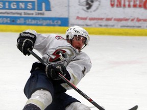 Dylan Hollman of the Spruce Grove Saints, shown here in the first round of the AJHL playoffs, scored the Saints first goal Friday. (QMI AGENCY FILE)