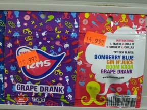 The Izms, marketed as a marijuana alternative, were sold in candy-coloured packages and available in an assortment of flavours such as Bomberry Blue, Boom Kron, Luau Love and Grape Drank. (Toronto Police supplied photo)
