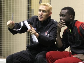 Rob Gale, recently named national under-20 soccer coach, conducts a coaching clinic on Sat., April 12, 2014 at Subway Soccer South on the University of Manitoba campus in Winnipeg, Man. Kevin King/Winnipeg Sun/QMI Agency