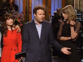 James Franco, Zooey Deschanel and Taylor Swift help out Seth Rogen during his monologue on "SNL". (Supplied)