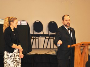 Edwin Parr nominee, Elizabeth Neufeld being introduced at the teacher induction ceremony by Onoway High School Principal James Trodden  on  March 20.
Barry Kerton | Whitecourt Star