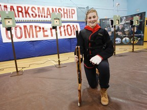 Belleville, Ont. cadet with 2818 Belleville Army Cadet, Sgt. Emily Kingdon, 17, is among the top shots out of 17,000 cadets in Ontario. She is seen here after competing in the provincial marksmanship championship in 8 Wing/CFB Trenton's gymnasium Saturday, April 12, 2014. - Jerome Lessard/The Intelligencer/QMI Agency