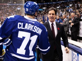 Maple Leafs winger David Clarkson didn’t know it at this Nov. 8 game against the New Jersey Devils but he was shaking hands with his future boss Brendan Shanahan, who will be introduced as the team’s new president at a news conference Monday. (Dave Abel/Toronto Sun)