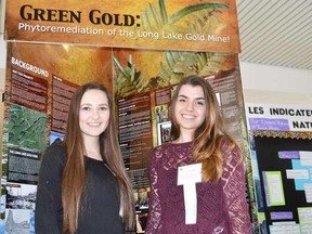 Jim Moodie/The Sudbury Star
Marika Moskalyk, left, and Alex Millar of Marymount Academy show off their winning Science Fair project on a green remediation strategy for arsenic contamination at Long Lake. The duo will be heading to the Canada-wide fair in Windsor in May.