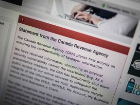 The Canada Revenue Agency website is seen on a computer screen displaying information about an internet security vulnerability called the "Heartbleed Bug" in Toronto, April 9, 2014. (REUTERS/Mark Blinch)