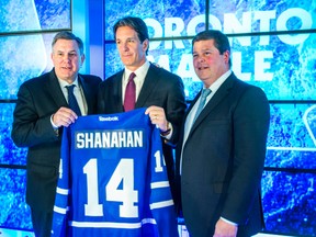 Tim Leiweke (from left) MLSE president and CEO, Brendan Shanahan - new Toronto Maple Leafs president, and Dave Nonis, Leafs senior vice-president hockey operations, after a press conference at the Air Canada Centre in Toronto on Monday April 14, 2014. (Ernest Doroszuk/Toronto Sun)