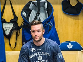 Toronto Maple Leafs goalie Jonathan Bernier during the final media availability in the Leafs locker room at the Air Canada Centre in Toronto on Monday April 14, 2014. (Ernest Doroszuk/Toronto Sun)