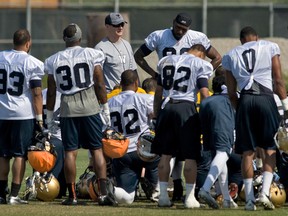 Winnipeg Blue Bombers coach Mike O'Shea talks to his players at mini-camp on April 14. (Steve Nesius, QMI Agency)