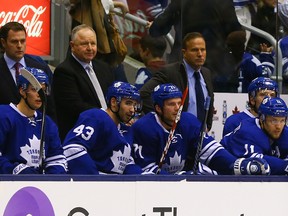 The Toronto Maple Leafs follow the action from the bench during their loss to the Winnipeg Jets  at the Air Canada Centre in Toronto Saturday April 5, 2014. (DAVE ABEL/QMI Agency)