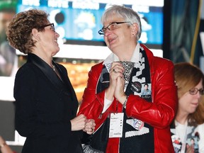 Premier Kathleen Wynne (L) with partner Jane Rounthwaite. (Reuters files)