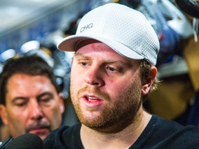 Maple Leafs sniper Phil Kessel talks to the media during leafs locker clean out on Monday. (Ernest Doroszuk/Toronto Sun)