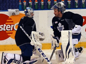 Maple Leafs goalies Jonathan Bernier (left) and James Reimer. (Dave Thomas/Toronto Sun)