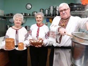 Gino Donato/The Sudbury Star
Stella Symoczko, Maria Tkach and Bill Evanochko St. Mary's Parish kitchen staff would like to invite the public to the Ukrainian Luncheon Special on Thursday April 17 from 11am to 2pm. Lunch is $10 includes 3 pyrohy, 2 cabbage rolls 1 sausage, sauerkraut and borsch with coffee. There will be take-out also, and cabbage rolls and pyrohy by the dozen. To order take-out call 675-8244 or 675-1581 in advance.