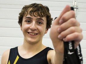 Fourteen-year-old Murdock Siegner of the Quinte Bay Gymnastics Club was first in his category for powertumbling at the recent Elite Canada meet in Scarborough. (ZACHARY SHUNOCK for The Intelligencer)