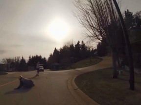 A longboarder wipes out in front of a police SUV in this YouTube screengrab.