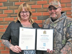 Vera-Lynn Bea, pictured here with boyfriend Randy Crowell, was recognized as a Hero of the Flood for her efforts in helping people affected by the June 2013 flood that devastated many communities in southern Alberta. Stephen Tipper Vulcan Advocate