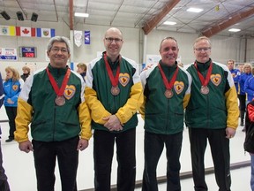 Greater Sudbury' national senior curling bronze medallists Doug Hong (left), Dion Dumontelle, Ron Henderson and Robbie Gordon.