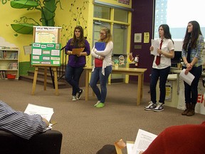 Danielle Ballert, Courtney Hardy-Gibbs, Amiee Piata, Lily Boggs and Megan Drumm are creator of 'Hoots The What', a potential website that informs parents on social trends of teens. Along with the girls, the Grade 8 students at Park Dale Public School presented their business ideas to a panel of retireed and active business owners in their first ever mock Dragon's Den on Tuesday.
Megan Mattice/For The Intelligencer