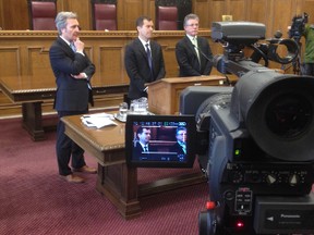 Chief Justice Court of Queens Bench Glenn Joyal (left), Chief Judge of Provincial Court Ken Champagne and Chief Justice of Manitoba Richard Chartier announced a pilot program to allow cameras in courts April 15, 2014. (RICH POPE/Winnipeg Sun)