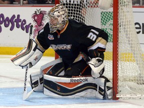 Anaheim Ducks goalie Frederik Andersen (31) during a game against the Edmonton Oilers at Honda Center earlier this month. (Kirby Lee-USA TODAY Sports)