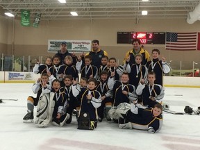 The Bluewater Sharks major atom squad took home the gold medal at the Troy Spring Scramble this past weekend. The team defeated Kensington Valley 3-2 in a shootout to win the tournament, kicking their season off with a win. (Submitted photo)