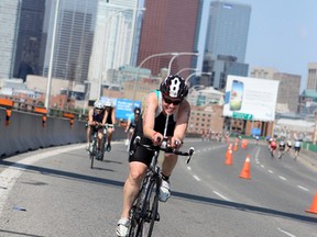 Local nurse Julie Rathwell races in the national triathlon championships last summer. Rathwell recently collected two silver medals at the masters swim championships and will compete in the world triathlon championships in Edmonton this summer.