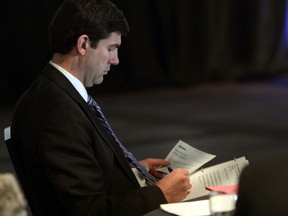 Mayor don Iveson checks his notes before speaking at the Zero 2014 conference at the Shaw Conference Centre in Edmonton, Alberta on Monday, April 16, 2014.Perry Mah/ Edmonton Sun