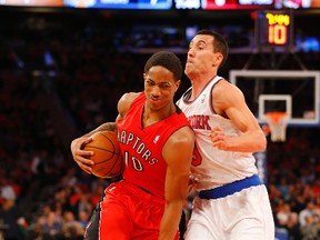 Raptors guard DeMar DeRozan drives past Knicks guard Pablo Prigioni on Wednesday night. (USA TODAY)
