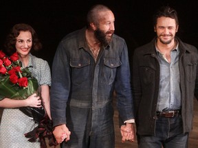 Leighton Meester ,Chris O'Dowd and James Franco at opening night curtain call for "Of Mice and Men" at the Longacre Theatre in New York, New York, United States on April, 17 2014. (Joseph Marzullo/WENN.com)