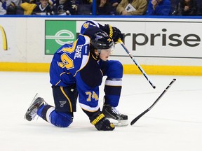 St. Louis Blues right winger T.J. Oshie breaks his stick while attempting a shot against the Washington Capitals during the second period at Scottrade Center. (Jasen Vinlove/USA TODAY Sports)