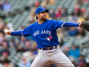 Blue Jays pitcher R.A. Dickey goes against the Minnesota Twins on April 17. (Jesse Johnson, USA Today Sports)