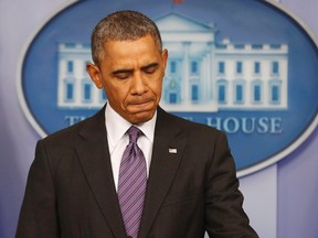 U.S. President Barack Obama makes a statement to the media about the South Korean ferry sinking incident, in the Brady Press Briefing Room at the White House in Washington April 17, 2014. Obama on Thursday expressed condolences to the families of the victims of the South Korean ferry sinking and said the U.S. military will provide the country with any help it needs to perform rescue operations.        REUTERS/Larry Downing