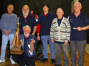 After a four way tie and two shoot offs, the Wallaceburg CBD Super 60’s archery team was victorious in bringing the National Pop ‘n Jay Archery Trophy back to Wallaceburg. The CBD Men’s team followed in second place, losing by only point. In total, 22 teams travelled to Aylmer for the tournament. Wallaceburg will host the tournament next year. The team includes, front row, Carl Benn.
Back row, left to right, Arden Smith, Bob Wenzel, Tex St. Amour, Armand Van Mensel, Derek Bishop.