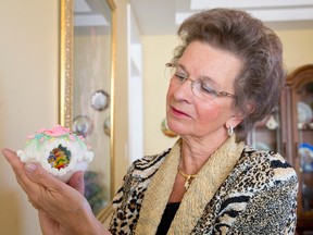 Maryanne Statton shows off one of her 'enchanted eggs' at her home in London, Ontario on Monday March 31, 2014.  Statton, who learned the craft from her mother, delivers eggs to young patients at Children's Hospital every Easter.
CRAIG GLOVER/The London Free Press/QMI Agency