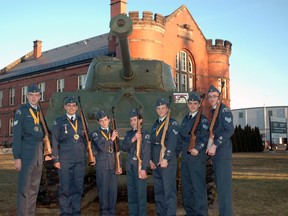 The St. Thomas Air Cadet 741 Rifle Team stands outside the St. Thomas Armoury. From left: Sgt. Jeremy Ellis, Warrant Officer 2nd Class Judy Shannon, Leading Air Cadet Taylor Moffat, Leading Air Cadet Ashley Moffat, Cpl. Joshua White, Sgt. Joel Tansy and Sgt. Devyn Onyschuk. Ben Forrest/Times-Journal