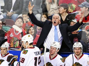Chicago Blackhawks head coach Joel Quenneville apologized for his rude gesture toward the referees Thursday night in Game 1 of his team's Eastern Conference quarterfinal series against the St. Louis Blues. (USA Today file photo)
