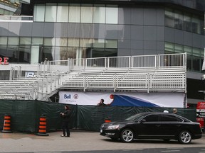 Workers put the finishing touches on bleachers in Maple Leaf Square on Friday, April 18, 2014, before the first playoff game between the Toronto Raptors and the Brooklyn Nets. (Veronica Henri/Toronto Sun)